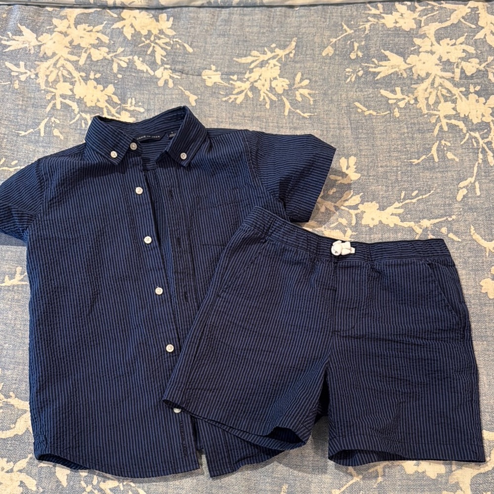 Janie & Jack Navy Blue Striped Kids Shirt & Shorts Set